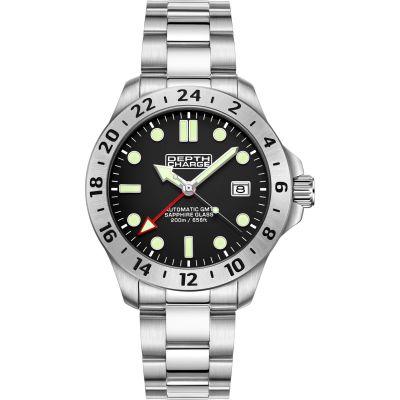 Mens Depth Charge 'Utilitarian GMT' Black Stainless Steel Automatic Watch